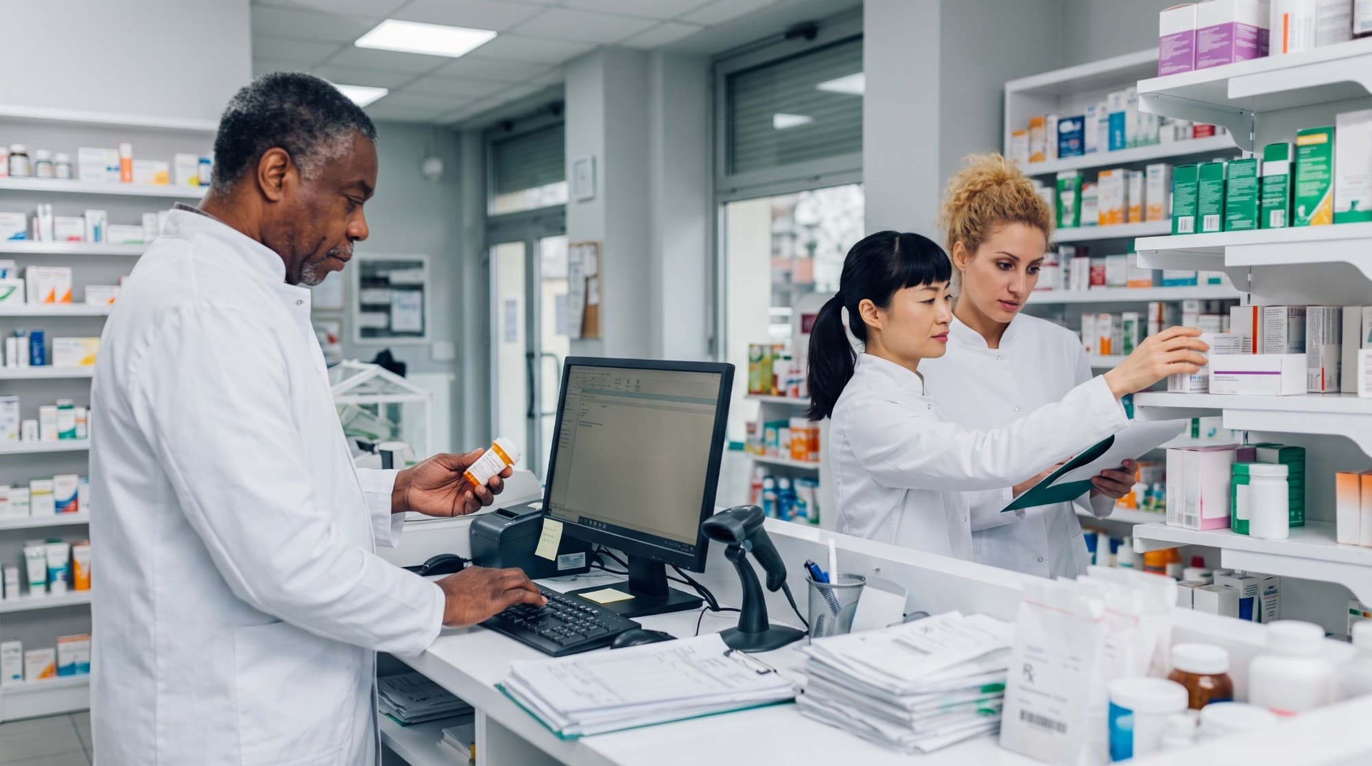Deux assistantes techniques vérifient l'inventaire pendant qu'un collègue saisit une ordonnance